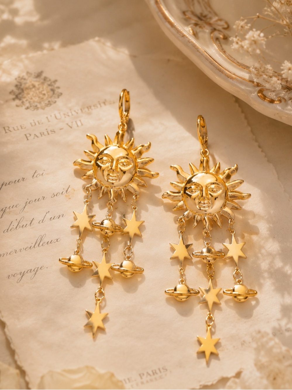 Gold Sun & Stars Dangle Earrings